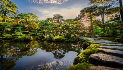 Lanterns illuminate pathways, enhancing the garden�fs charm.  