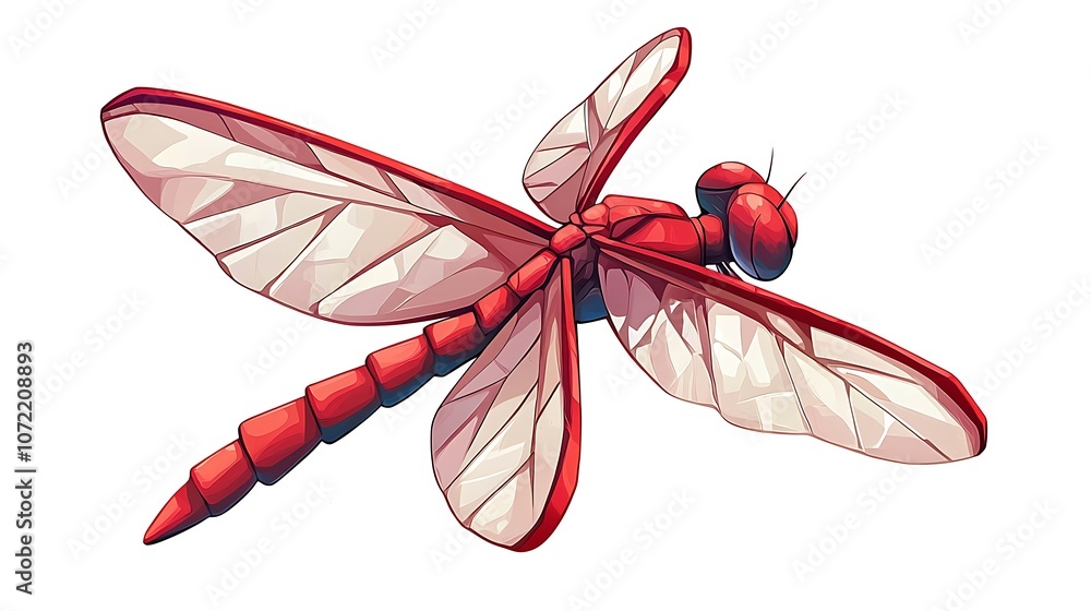 Poster vibrant red dragonfly vector art for games and cartoons, featuring sharp details and playful design 