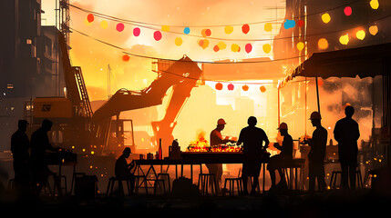 Naklejka premium Workers celebrating Labor Day with barbecue at sunset, enjoying camaraderie