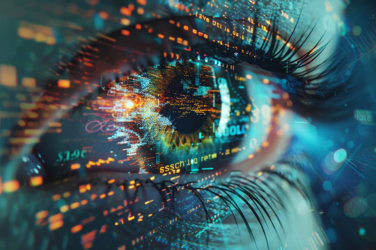 Grande occhio fatto di pixel e codici che osserva attentamente i dati in una rete