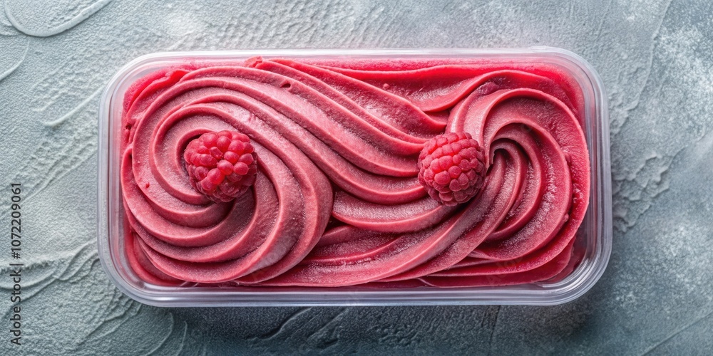 Aufkleber A Close-Up of Swirled Raspberry Sorbet in a Clear Plastic Container with Two Whole Raspberries on Top