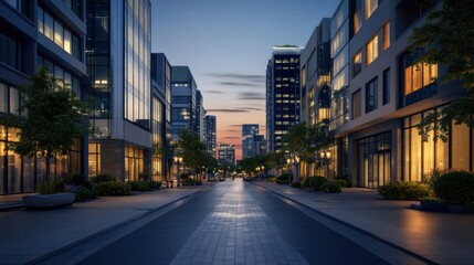 Fototapeta premium Modern Urban Street at Night With Contemporary Buildings and Lighting. Generative AI