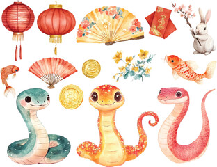 Snake Year. Chinese traditions. Set of watercolor elements and patterns