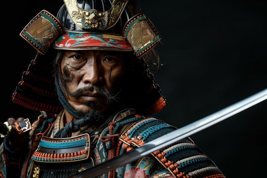Portrait of a samurai warrior wearing traditional armor and helmet