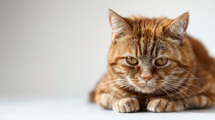 Obraz premium A ginger cat is sitting on a white table looking at the camera