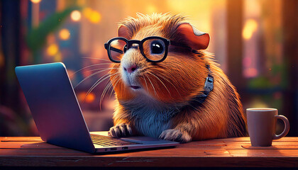 Cute Guinea Pig - big glasses geek with laptop and coffee