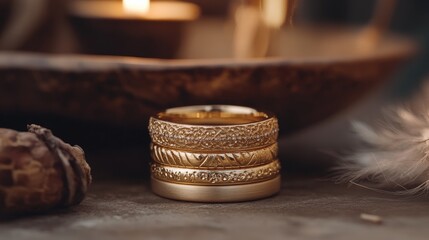 Elegant Close-Up of Decoratively Designed Gold Rings Stacked Together on Rustic Surface with Soft Candlelight for Fashion or Jewelry Promotion