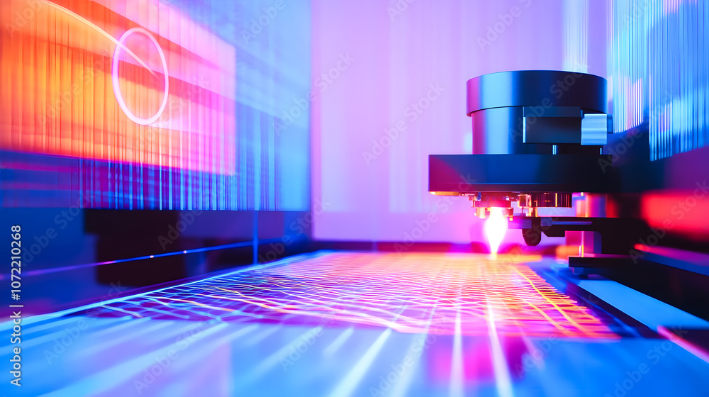 Poster advanced laser technology in action: close-up view of a laser cutter processing material with vibran