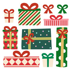 Set 8 Gift box with ribbon. Christmas theme. Drawing. Vector.