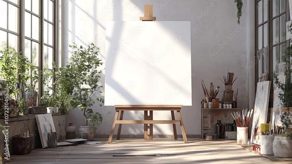 Poster empty canvas on an easel in a studio setting with a large window, plants, and art supplies.