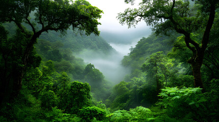 Fototapeta premium Misty forest with towering trees and lush greenery, evoking tranquility