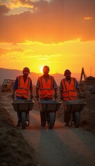 Obraz premium Construction Workers in Safety Vests Engaged in Teamwork at Sunset.