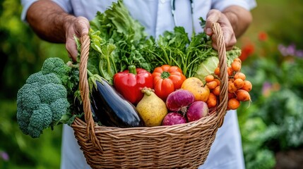 Doctor in White Coat Presenting Fresh Fruits and Vegetables in Basket, Symbol of Nutrition, High-Quality Photography