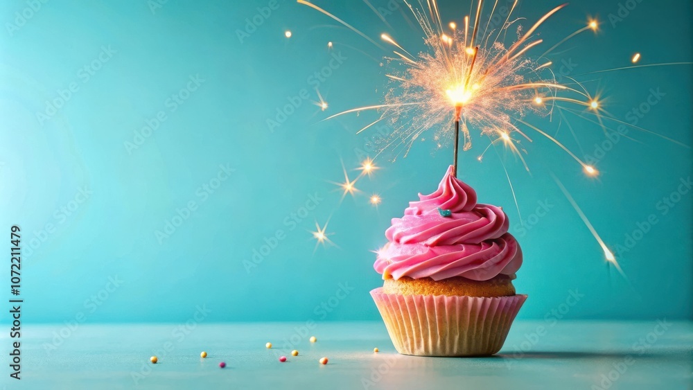 Poster a single pink cupcake with frosting and a lit sparkler on top, on a teal background with sprinkles s