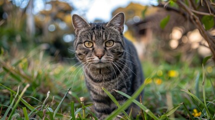 Obraz premium A cat is walking in the grass and looking at the camera