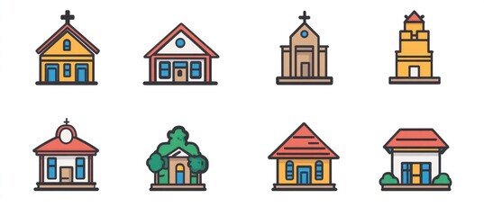 Fototapeta premium Simple Vector Icons of Buildings: Home Office, School, Church, Police Station, Restaurant, Library in Minimalist Style