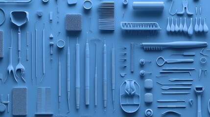 Fototapeta premium Collection of Dental Tools and Equipment Arranged on a Blue Background Showcasing Various Instruments for Oral Hygiene and Dental Procedures