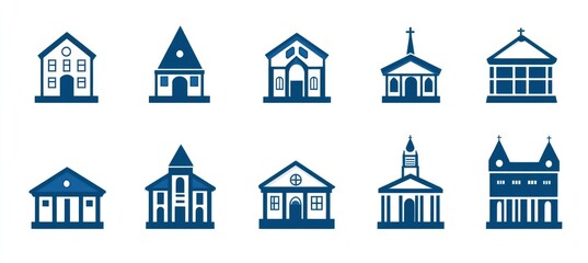 Simple Vector Icons of Buildings: Home Office, School, Church, Police Station, Restaurant, Library in Minimalist Style
