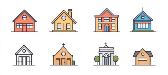 Simple Vector Icons of Buildings: Home Office, School, Church, Police Station, Restaurant, Library in Minimalist Style