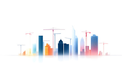 Obraz premium Modern city skyline with construction cranes and colorful buildings