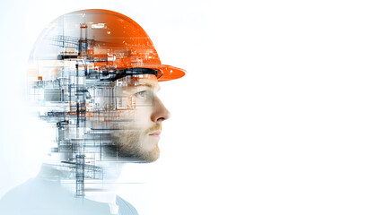 Dynamic double exposure of draftsman in hard hat, showcasing creativity