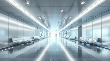 Fototapeta premium Futuristic empty airport terminal interior with bright lights