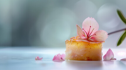 Slice of Foie Gras with Fig Layer and Pink Petal on Reflective Surface