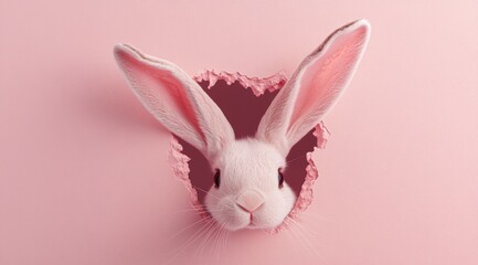 Fototapeta premium Bunny ears peeking out of a hole in pastel pink wall 