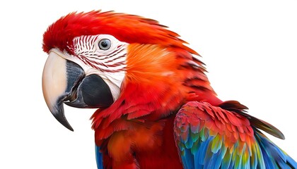 Fototapeta premium Vibrant watercolor illustration of a scarlet macaw parrot showcasing its bold red, orange, and blue feathers with detailed attention to the beak and eyes. Isolated on transparent background