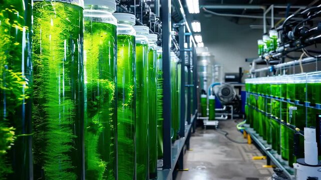 Vibrant algae growth in laboratory setting with illuminated tanks