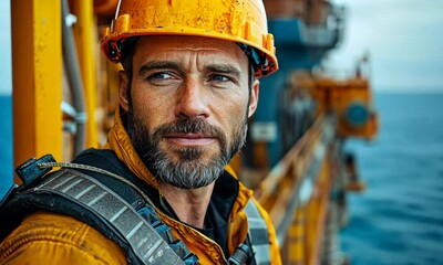 A rugged worker in a yellow helmet poses near industrial equipment.