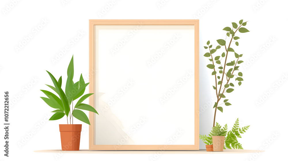 Wall mural minimalist design featuring blank frame with indoor plants