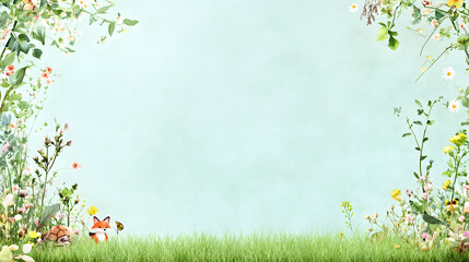 whimsical cartoon frame featuring flowers, grass, and cute animals