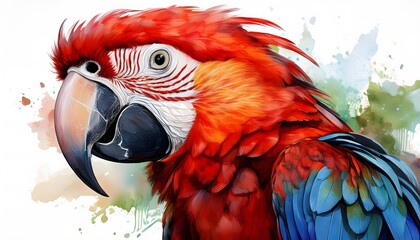 Vibrant watercolor illustration of a scarlet macaw parrot showcasing its bold red, orange, and blue feathers with detailed attention to the beak and eyes. Isolated on transparent background
