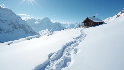 Serene Snow-Covered Landscape with Footprints Leading to Cabin.