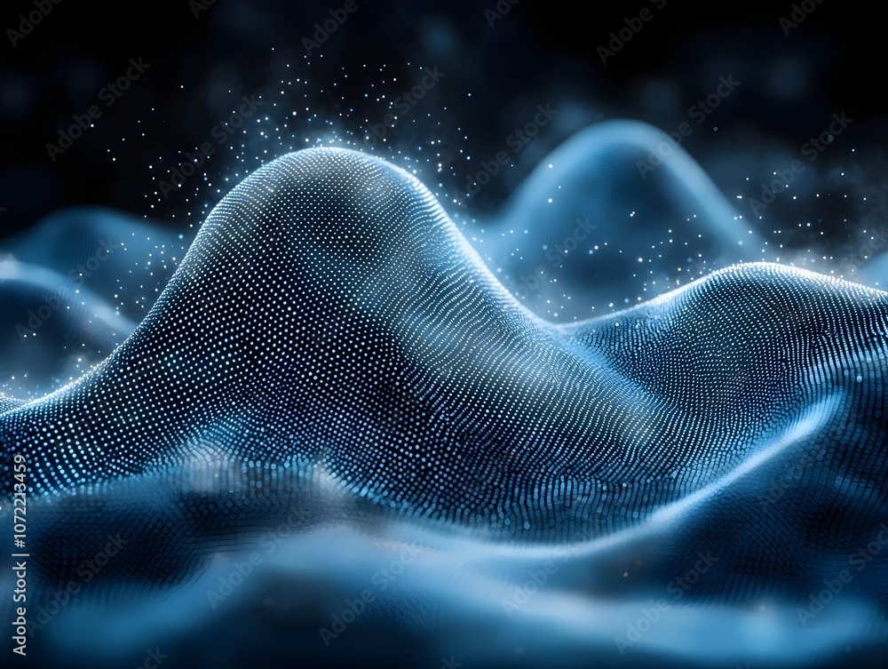 Aufkleber a mesmerizing digital landscape featuring undulating hills of glowing blue particles, creating a fut