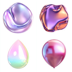 iridescent holographic 3d rendered shape isolated on white background. set of four. abstract pearl shapes.