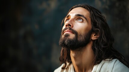 Photorealist portrait of Jesus Christ looking up.