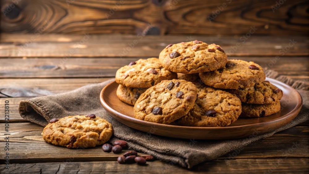 Poster a stack of delicious chocolate chip cookies on a wooden plate with a rustic background