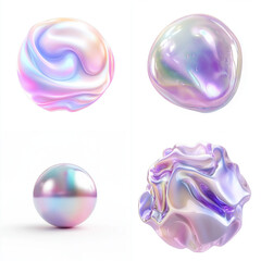 iridescent holographic 3d rendered shape isolated on white background. set of four. abstract pearl shapes.