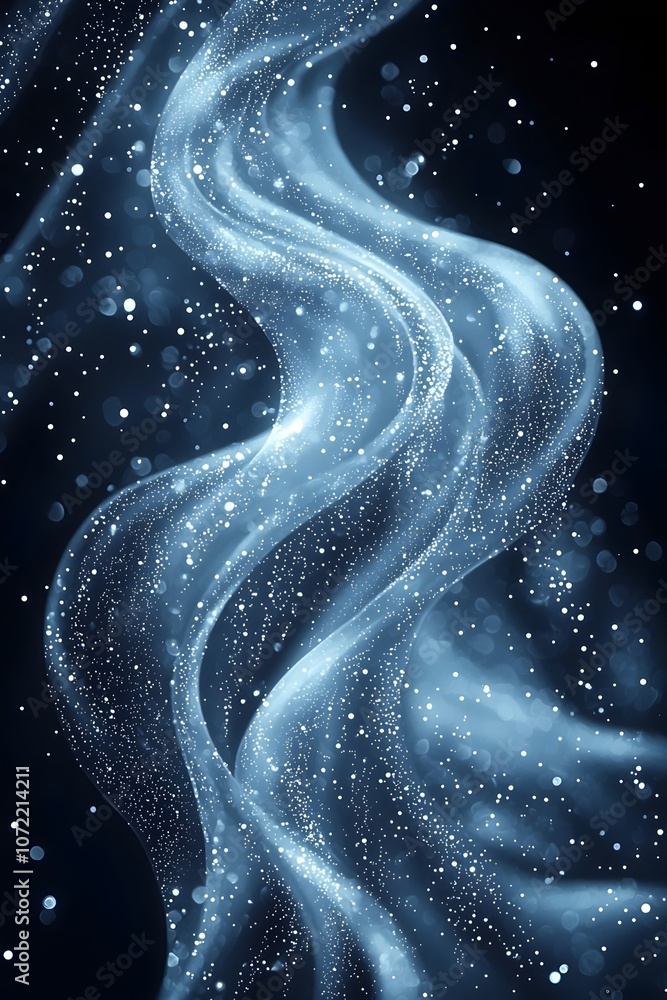 Poster a mesmerizing abstract swirl of shimmering blue particles and flowing light against a dark backgroun
