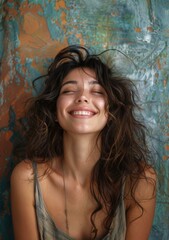 Smiling Woman with Wavy Hair Against a Textured Background