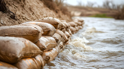 Sandbags Placed Along a Riverbank to Prevent Flooding and Erosion, Captured in a Serene Natural Landscape with Gentle Ripples of Water