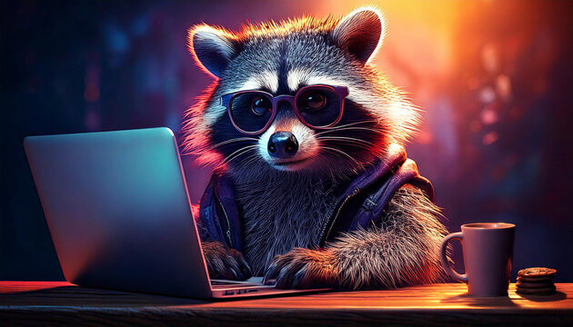 Cute Raccoon - big glasses geek with laptop and coffee