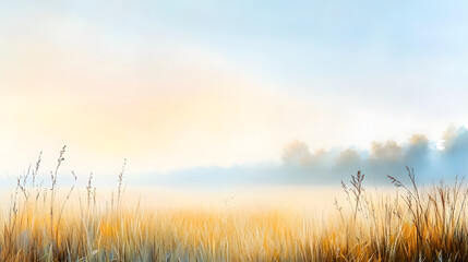 Fototapeta premium tranquil scene of fog over field of tall grass, evoking calmness