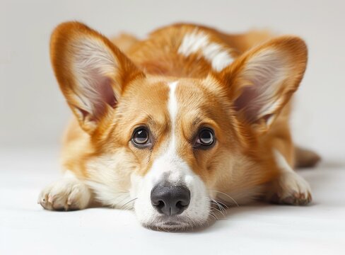 A cute corgi dog is lying on the floor