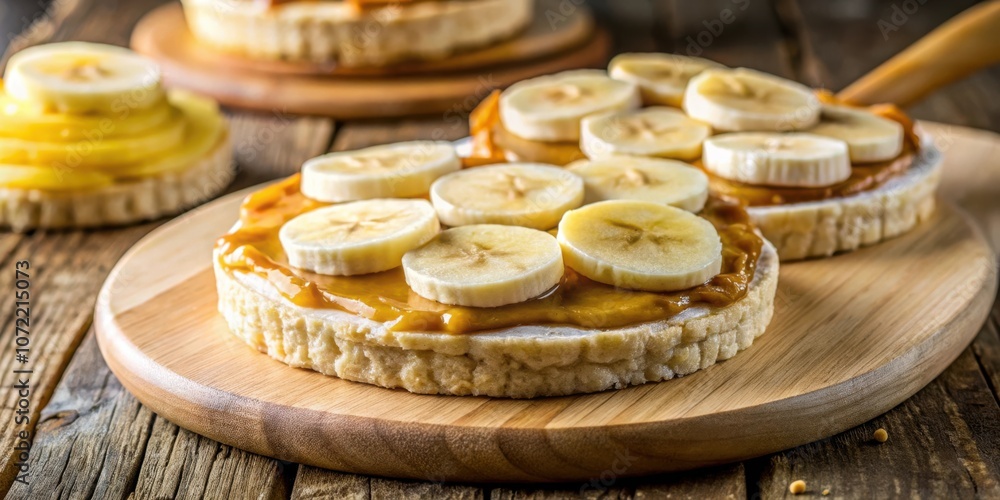 Poster a close-up shot of two rice cakes with peanut butter and banana slices, positioned on a wooden cutti