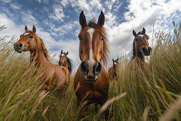 Obraz premium Horses grazing in tall grass under a blue sky during daytime