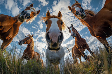 Curious horses gather in a sunny open field under a blue sky