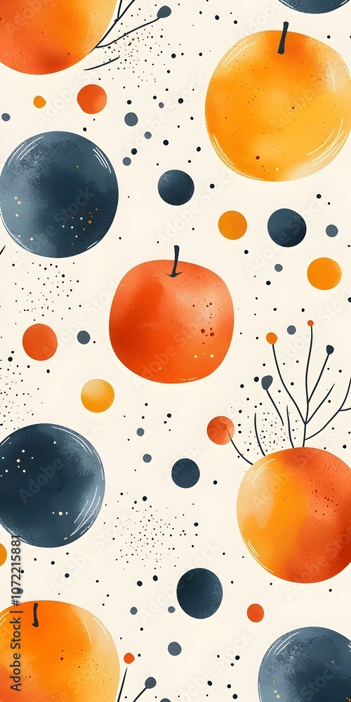 Poster a vibrant and playful pattern featuring orange and blue circles and dots, creating a cheerful design